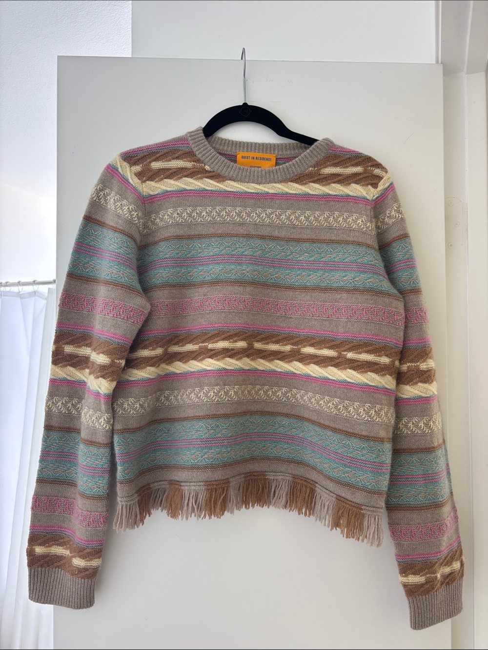 Neutral Multicolor Fringe Knit Crewneck Sweater